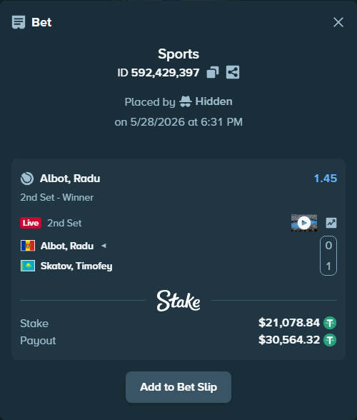 Bet slip: Albot, Radu - Skatov, Timofey, $21,121.00 stake at 1.45 odds, placed by Hidden