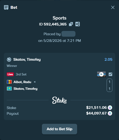 Bet slip: Albot, Radu - Skatov, Timofey, $19,486.42 stake at 2.05 odds, placed by Prettylfacko98