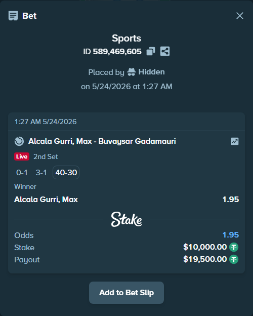 Bet slip: Alcala Gurri, Max - Buvaysar Gadamauri, $10,010.00 stake at 1.95 odds, placed by Hidden