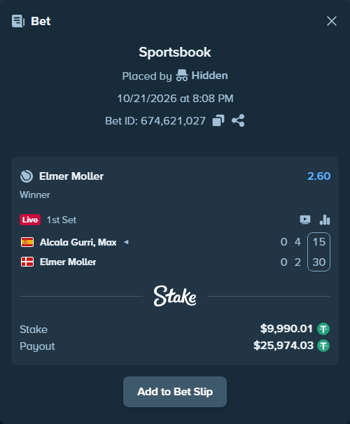 Bet slip: Alcala Gurri, Max - Elmer Moller, $10,000.00 stake at 2.60 odds, placed by Hidden