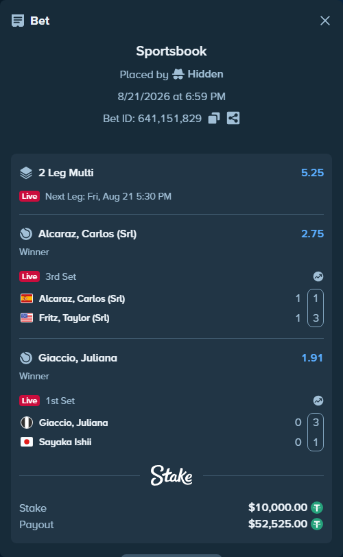 Bet slip: Alcaraz, Carlos (Srl) - Fritz, Taylor (Srl), $10,000.00 stake at 2.75 odds, placed by Hidden