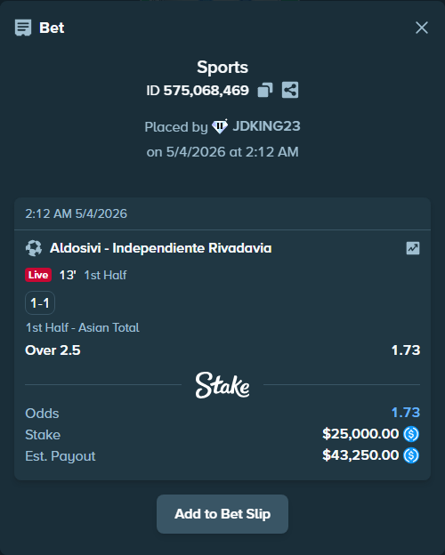 Bet slip: Aldosivi - Independiente Rivadavia, $25,000.00 stake at 1.73 odds, placed by JDKING23