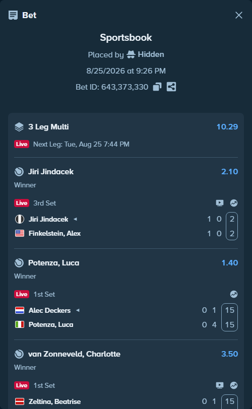 Bet slip: Alec Deckers - Potenza, Luca, $10,000.00 stake at 1.40 odds, placed by Hidden