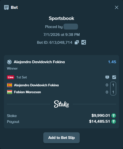 Bet slip: Alejandro Davidovich Fokina - Fabian Marozsan, $10,000.00 stake at 1.45 odds, placed by Molle59