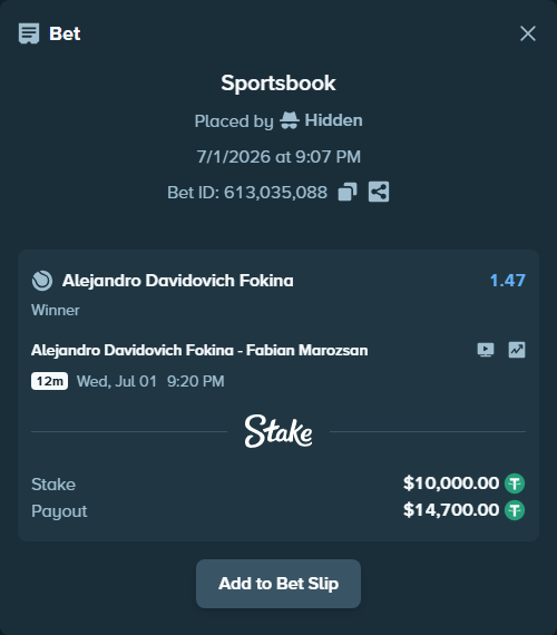 Bet slip: Alejandro Davidovich Fokina - Fabian Marozsan, $10,010.00 stake at 1.47 odds, placed by Hidden