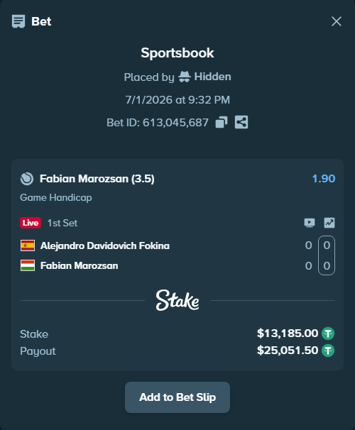Bet slip: Alejandro Davidovich Fokina - Fabian Marozsan, $13,198.18 stake at 1.90 odds, placed by Hidden