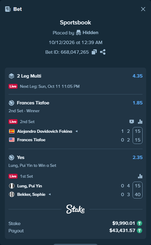 Bet slip: Alejandro Davidovich Fokina - Frances Tiafoe, $10,000.00 stake at 1.85 odds, placed by Hidden