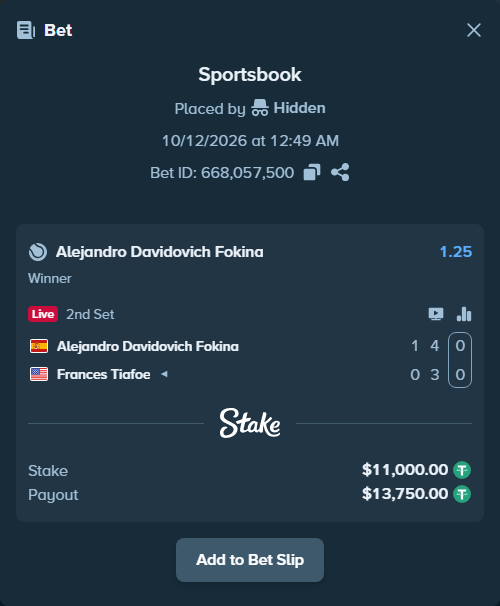 Bet slip: Alejandro Davidovich Fokina - Frances Tiafoe, $11,011.00 stake at 1.25 odds, placed by Hidden