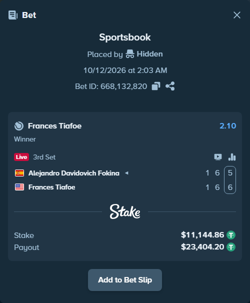 Bet slip: Alejandro Davidovich Fokina - Frances Tiafoe, $11,156.00 stake at 2.10 odds, placed by Hidden