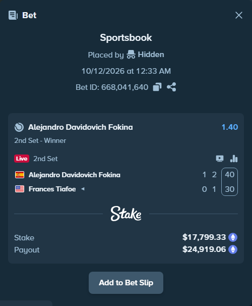Bet slip: Alejandro Davidovich Fokina - Frances Tiafoe, $17,827.07 stake at 1.40 odds, placed by Kovou77