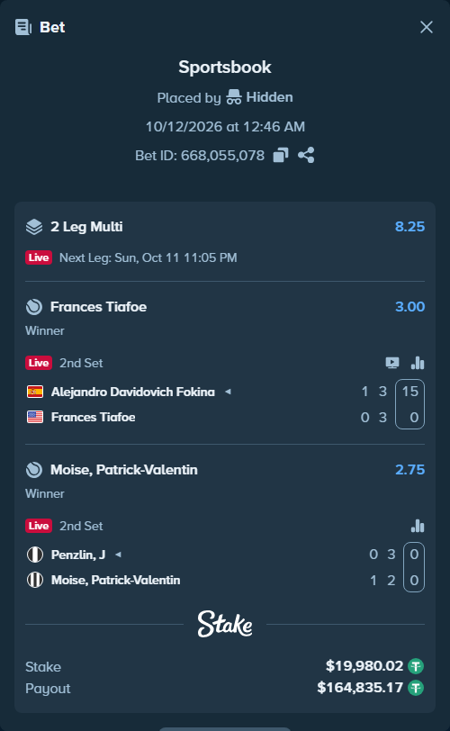 Bet slip: Alejandro Davidovich Fokina - Frances Tiafoe, $20,000.00 stake at 3.00 odds, placed by Hidden