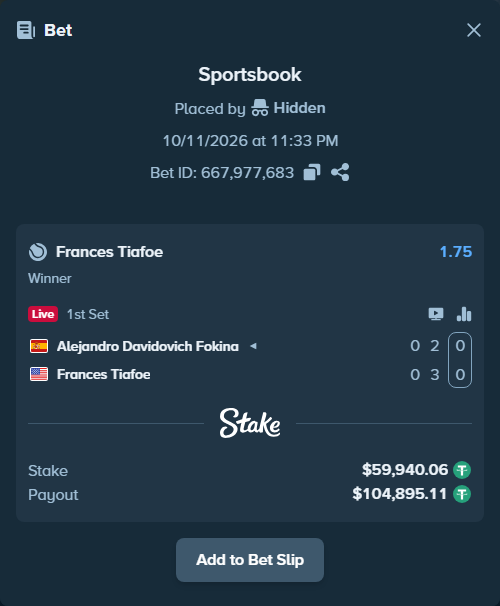 Bet slip: Alejandro Davidovich Fokina - Frances Tiafoe, $60,000.00 stake at 1.75 odds, placed by Hidden