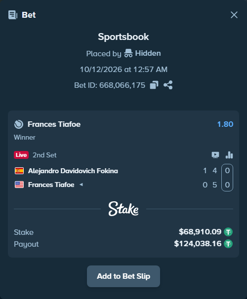 Bet slip: Alejandro Davidovich Fokina - Frances Tiafoe, $68,979.00 stake at 1.80 odds, placed by Hidden
