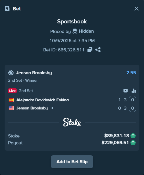 Bet slip: Alejandro Davidovich Fokina - Jenson Brooksby, $89,921.01 stake at 2.55 odds, placed by Hidden