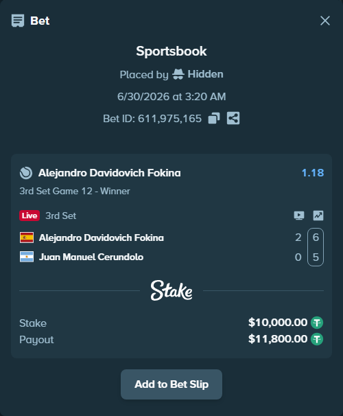 Bet slip: Alejandro Davidovich Fokina - Juan Manuel Cerundolo, $10,010.00 stake at 1.18 odds, placed by Hidden