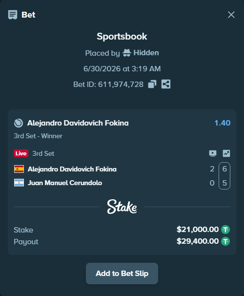 Bet slip: Alejandro Davidovich Fokina - Juan Manuel Cerundolo, $21,021.00 stake at 1.40 odds, placed by Hidden