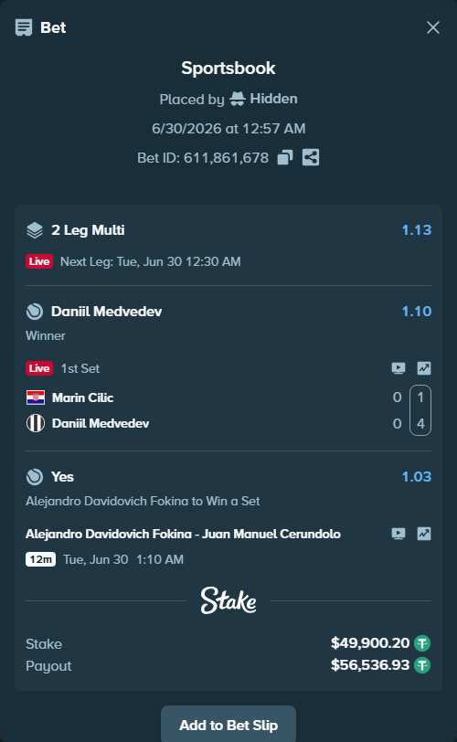 Bet slip: Alejandro Davidovich Fokina - Juan Manuel Cerundolo, $50,000.00 stake at 1.03 odds, placed by Hidden