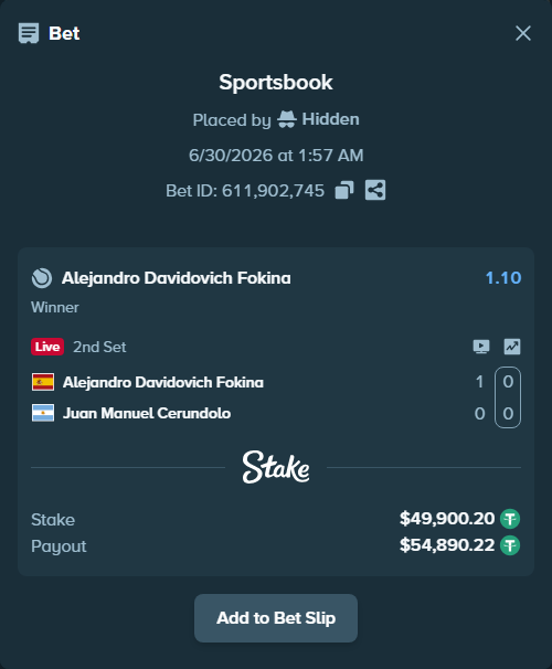 Bet slip: Alejandro Davidovich Fokina - Juan Manuel Cerundolo, $50,000.00 stake at 1.10 odds, placed by Hidden