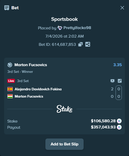 Bet slip: Alejandro Davidovich Fokina - Marton Fucsovics, $107,706.62 stake at 3.35 odds, placed by Prettylfacko98