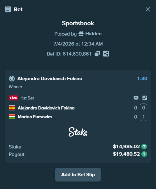 Bet slip: Alejandro Davidovich Fokina - Marton Fucsovics, $15,000.00 stake at 1.30 odds, placed by Hidden