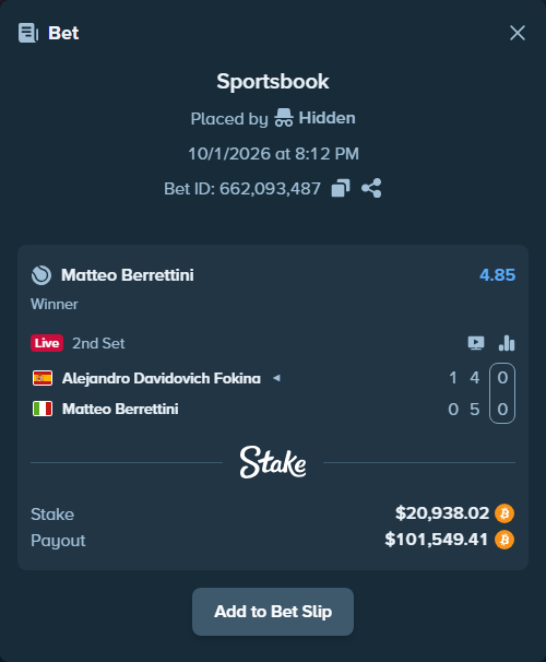 Bet slip: Alejandro Davidovich Fokina - Matteo Berrettini, $21,251.50 stake at 4.85 odds, placed by Atte90