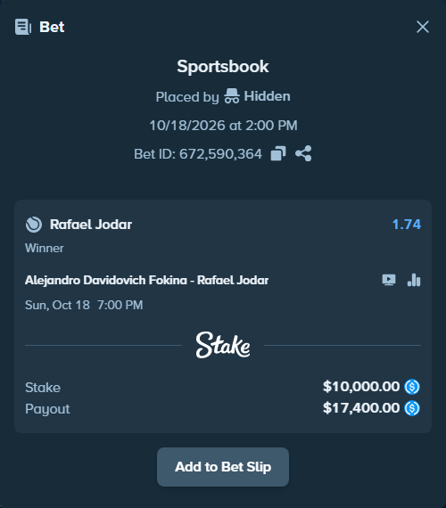 Bet slip: Alejandro Davidovich Fokina - Rafael Jodar, $10,000.00 stake at 1.74 odds, placed by Hidden