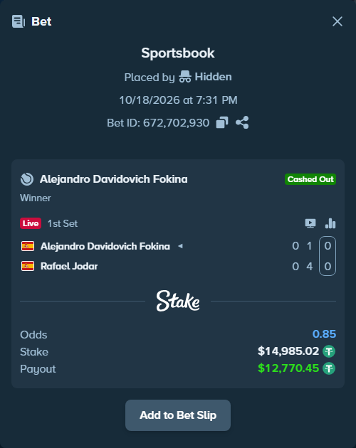 Bet slip: Alejandro Davidovich Fokina - Rafael Jodar, $15,000.00 stake at 3.50 odds, placed by Hidden