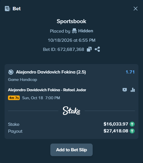 Bet slip: Alejandro Davidovich Fokina - Rafael Jodar, $16,050.00 stake at 1.71 odds, placed by unhingedking