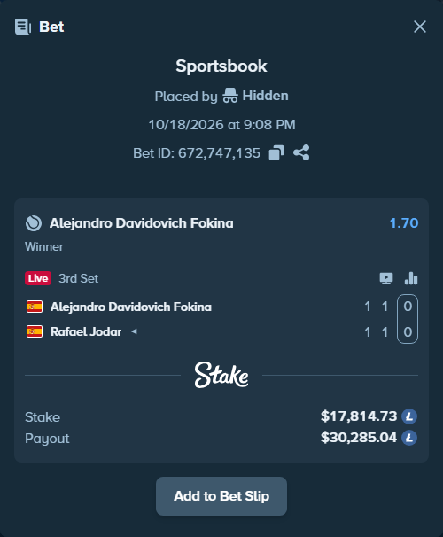 Bet slip: Alejandro Davidovich Fokina - Rafael Jodar, $17,793.00 stake at 1.70 odds, placed by Hidden