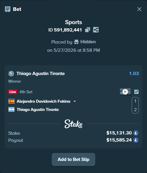 Bet slip: Alejandro Davidovich Fokina - Thiago Agustin Tirante, $12,868.53 stake at 1.03 odds, placed by Hidden