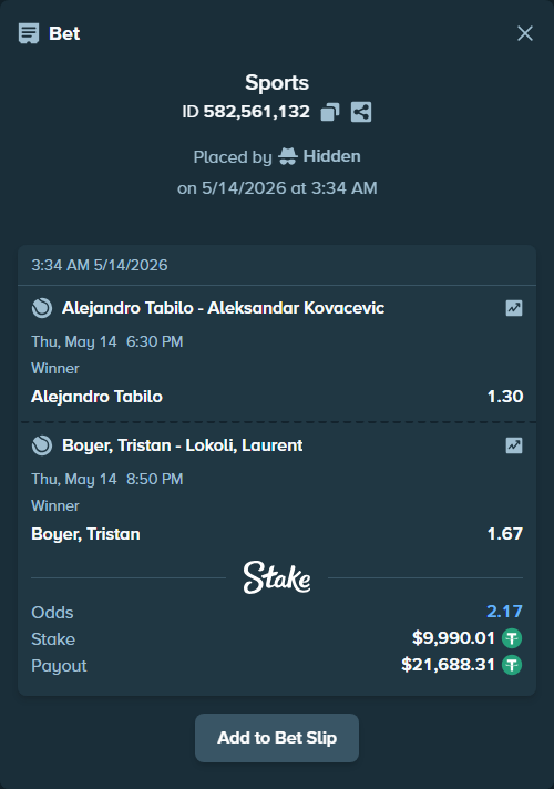 Bet slip: Alejandro Tabilo - Aleksandar Kovacevic, $10,000.00 stake at 1.30 odds, placed by Hidden