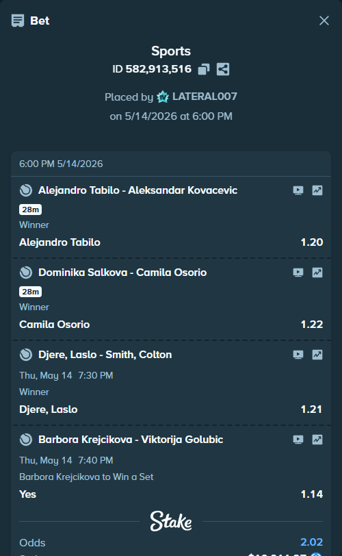 Bet slip: Alejandro Tabilo - Aleksandar Kovacevic, $10,011.97 stake at 1.20 odds, placed by LATERAL007