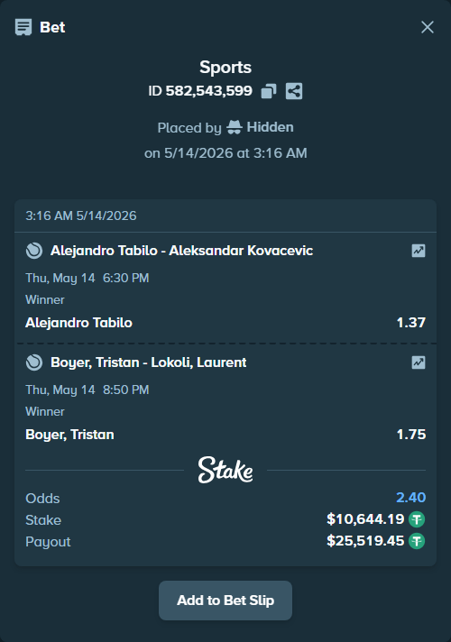 Bet slip: Alejandro Tabilo - Aleksandar Kovacevic, $10,654.83 stake at 1.37 odds, placed by Hidden