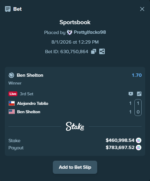 Bet slip: Alejandro Tabilo - Ben Shelton, $459,295.47 stake at 1.70 odds, placed by Prettylfacko98