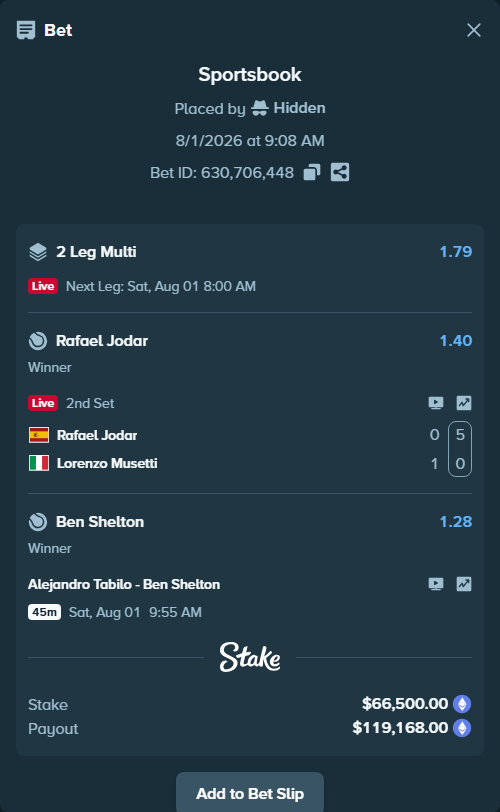 Bet slip: Alejandro Tabilo - Ben Shelton, $67,951.52 stake at 1.28 odds, placed by Hidden