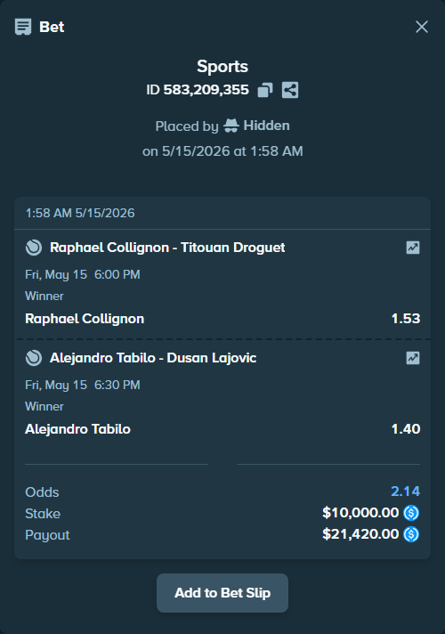 Bet slip: Alejandro Tabilo - Dusan Lajovic, $10,000.00 stake at 1.40 odds, placed by Jcalle19