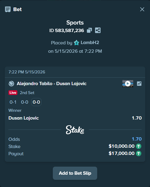 Bet slip: Alejandro Tabilo - Dusan Lajovic, $10,000.00 stake at 1.70 odds, placed by LambH2