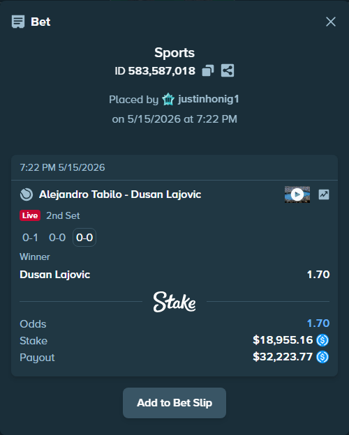Bet slip: Alejandro Tabilo - Dusan Lajovic, $18,955.16 stake at 1.70 odds, placed by justinhonig1