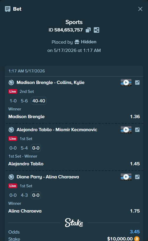 Bet slip: Alejandro Tabilo - Miomir Kecmanovic, $8,215.94 stake at 1.45 odds, placed by Hidden