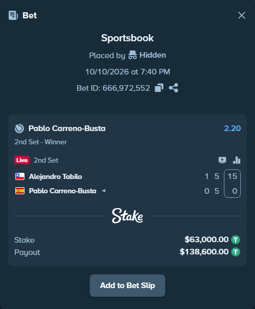 Bet slip: Alejandro Tabilo - Pablo Carreno-Busta, $63,063.00 stake at 2.20 odds, placed by Hidden