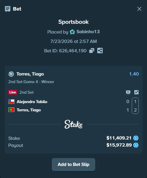 Bet slip: Alejandro Tabilo - Torres, Tiago, $11,409.21 stake at 1.40 odds, placed by Sabinho13