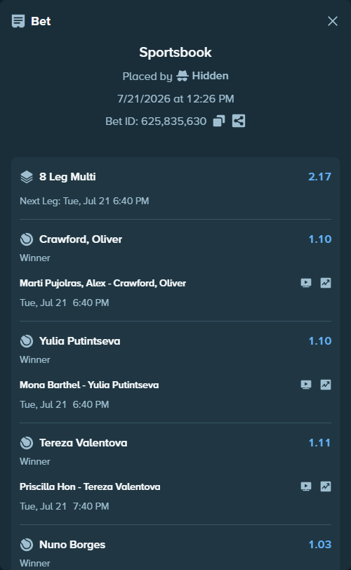 Bet slip: Alejandro Tabilo - Torres, Tiago, $125,125.00 stake at 1.09 odds, placed by Hidden