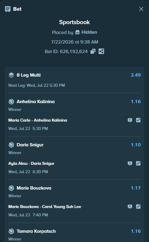 Bet slip: Alejandro Tabilo - Torres, Tiago, $125,125.00 stake at 1.10 odds, placed by Hidden