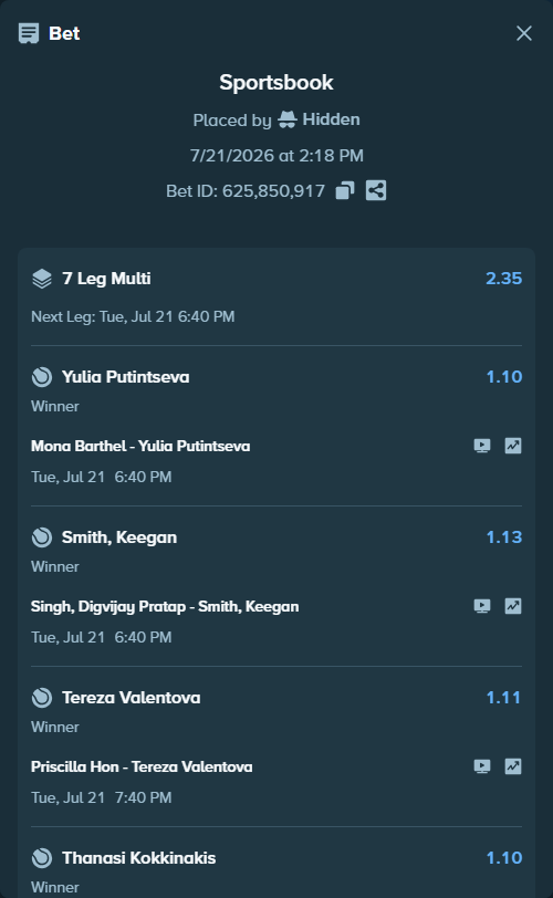 Bet slip: Alejandro Tabilo - Torres, Tiago, $75,000.00 stake at 1.09 odds, placed by Hidden