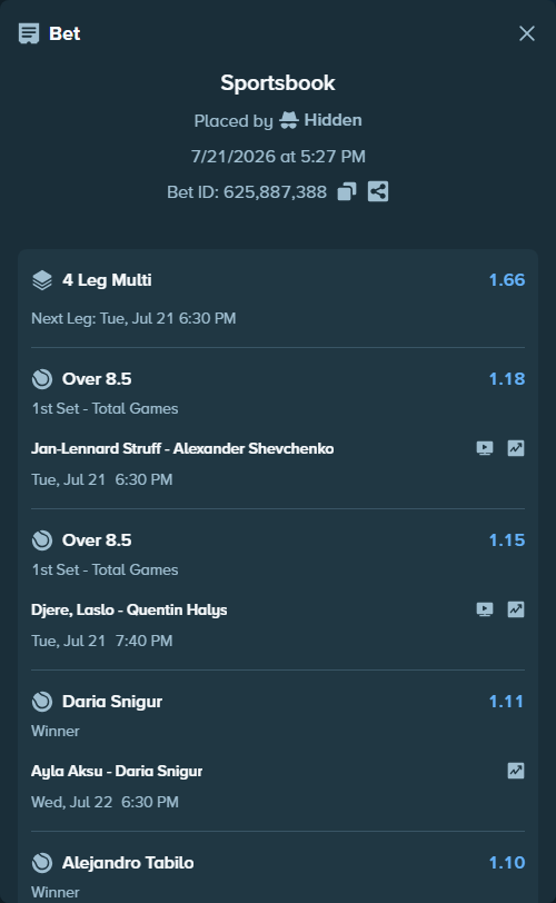 Bet slip: Alejandro Tabilo - Torres, Tiago, $75,075.00 stake at 1.10 odds, placed by Hidden