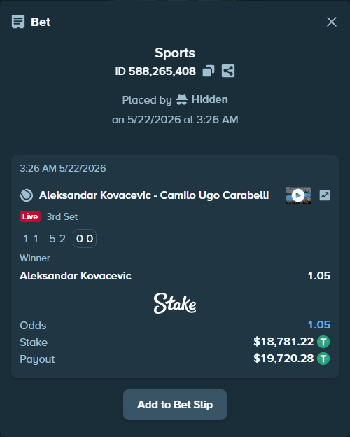 Bet slip: Aleksandar Kovacevic - Camilo Ugo Carabelli, $18,800.00 stake at 1.05 odds, placed by Hidden