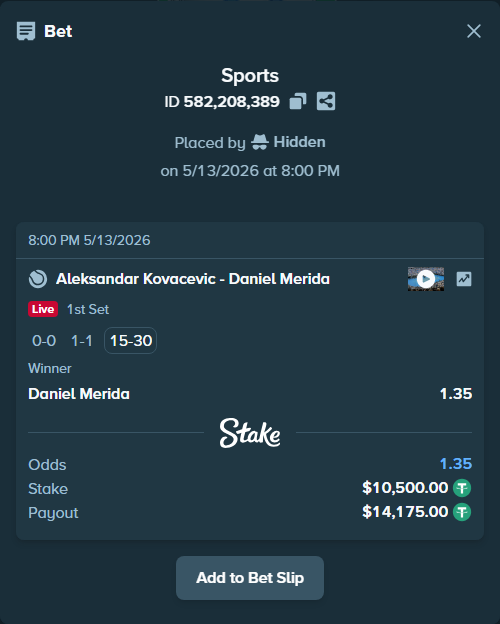 Bet slip: Aleksandar Kovacevic - Daniel Merida, $10,500.00 stake at 1.35 odds, placed by Hidden