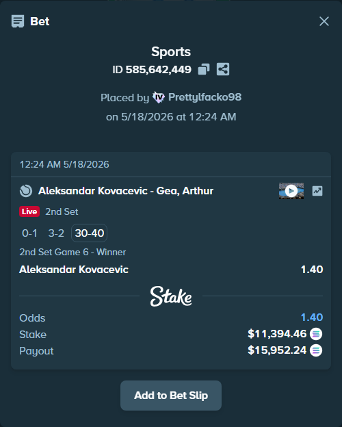 Bet slip: Aleksandar Kovacevic - Gea, Arthur, $9,664.69 stake at 1.40 odds, placed by Prettylfacko98