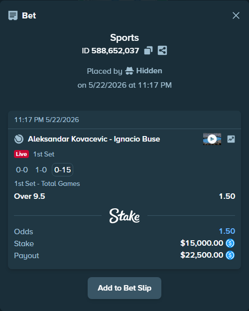 Bet slip: Aleksandar Kovacevic - Ignacio Buse, $15,000.00 stake at 1.50 odds, placed by Hidden
