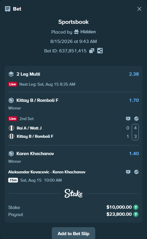 Bet slip: Aleksandar Kovacevic - Karen Khachanov, $10,010.00 stake at 1.40 odds, placed by Hidden